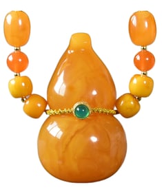 Beautiful Beeswax Carved Gourd Pendant w Hand Woven Beads Necklace