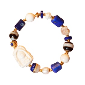 Hand Woven Lapis Lazuli & Bone DZI Agate Beads Bracelet