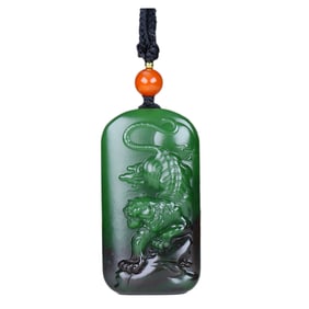 Superb Chinese Green Hetian Jade Carved Tiger Pendant