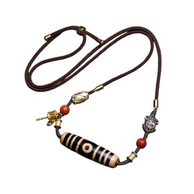 Old Tibetan 3 Eye DZI Agate Lucky Pendant w Hand Woven Necklace