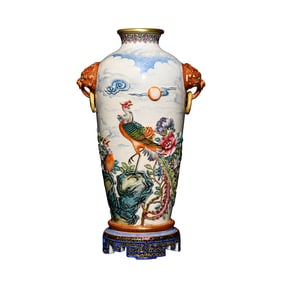 Chinese Qing Dynasty Gilt Edge Famille Rose Phoenix & Peony Design Porcelain Vase
