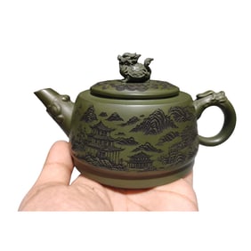 Antique Chinese Yixing Zisha Dragon Turtle & Mountain River Scene Design Teapot