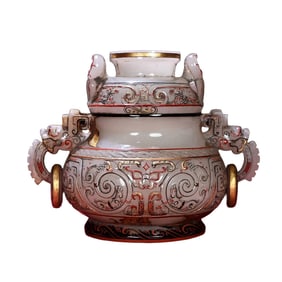 Superb Chinese Colored Drawing Hetian Jade Double Ring Incense Burner