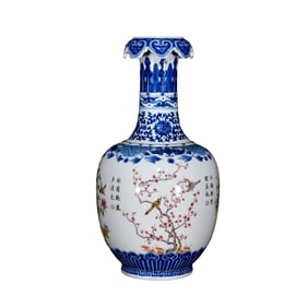 Chinese Qing Dynasty Blue And White + Famille Rose Plum Flower & Magpie Design Porcelain Vase