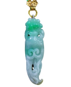 Exquisite Jadeite Carved Ginseng Pendant w Hand Carved Jadeite Beads Necklace