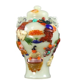 Superb Chinese Hetian Jade Inlay Shoushan Stone & Lapis Lazuli Carved Kids Pot