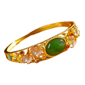 Chinese 925 Silver Inlay Green Hetian Jade Bracelet