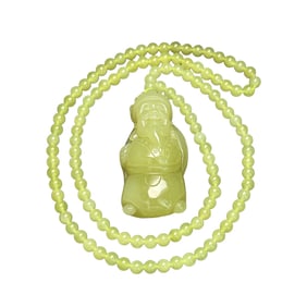Chinese Hetian Jade Carved Fortune Taoism Deity Pendant w Beads Necklace