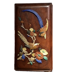 Vintage Chinese Huali Wood Inlay Shoushan Stone & Shell Plum Flower & Magpie Design Jewellery Box