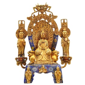 Tibetan Buddhism Gilt Gold Copper Cloisonne Three Buddha Statue