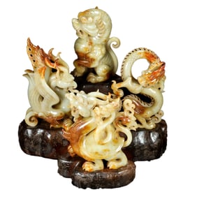 A Set Four Superb Vintage Chinese Hetian Jade Carved Divine Beast Statue