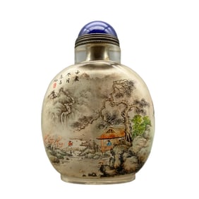 Old Chinese Peking Glass Inside Painting Live In Remote Mountains Design Snuff Bottle w Stopper
