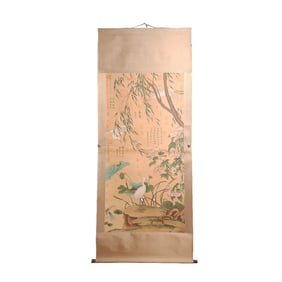 Chinese Watercolour On Silk Egret & Lotus Leaf & Lotus Flower Design Painting