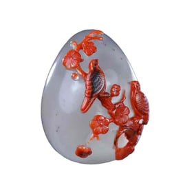 Superb Chinese Nanhong Agate Carved Plum Flower & Magpie Pendant