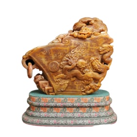 Superb Vintage Chinese Tianhuang Stone Carved Fortune Dragon Statue