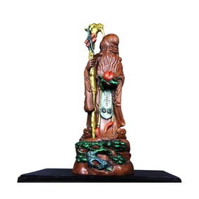 Vintage Chinese Colored Drawing Boxwood Wood Carved Longevity Taoism Deity Statue