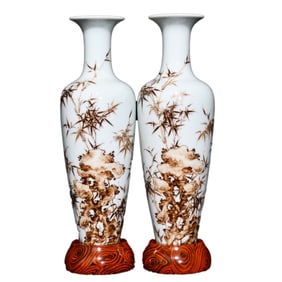 A Pair Chinese Mocai Fortune Bamboo Design Porcelain Vases