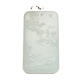 Chinese Natural Hetian Jade Low Relief Mountain River Scene Design Pendant