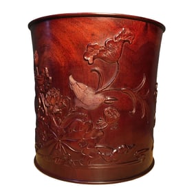 Vintage Chinese Huanghuali Wood Low Relief Flowers Bird Brush Pot
