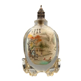 Old Chinese Peking Glass Inside Painting Live In Remote Mountains Design Snuff Bottle w Stopper