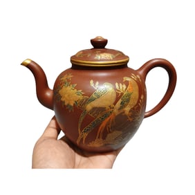 Antique Chinese Gilt Gold Yixing Zisha Flowers Bird Design Teapot