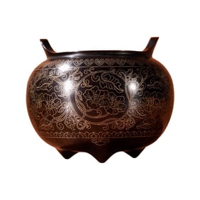 Vintage Chinese Copper Inlay Silver Wires 3 Legs Incense Burner