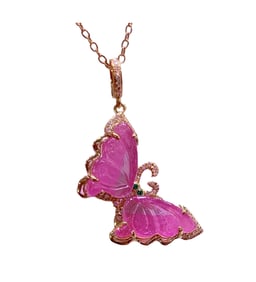 Exquisite 18K Gold Inlay Tourmaline Carved Butterfly Pendant