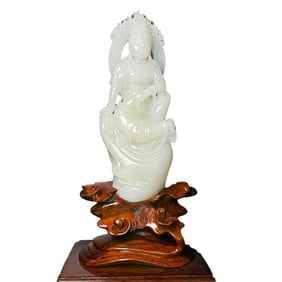 Superb Chinese Hetian Jade Carved Kwan-yin Statue