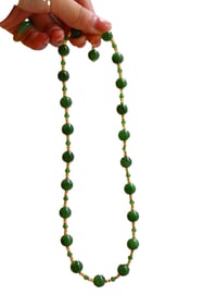 Superb Chinese 18K Gold Buckle Green Hetian Jade Beads Necklace