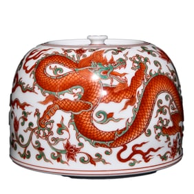 Chinese Iron Red Glaze Dragon Phoenix Design Porcelain Pot