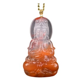Chinese Nanhong Agate Carved Kwan-yin Pendant