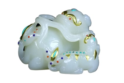 Superb Chinese Gilt Gold Hetian Jade Carved Fortune Beast Statue