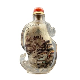 Old Chinese Peking Glass Inside Painting Mountain River Scene Design Snuff Bottle w Stopper