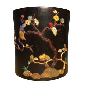 Vintage Chinese Zitan Wood Inlay Shoushan Stone & Shell Plum Flower & Magpie Brush Pot