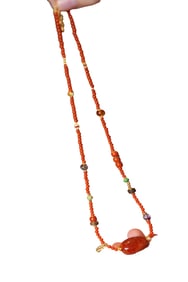 Chinese Nanhong Agate Carved Lucky Pendant w Beads Necklace