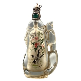 Old Chinese Peking Glass Inside Painting Flowers Bird Design Snuff Bottle w Stopper