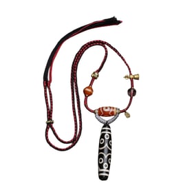 Old Tibetan 11 Eye DZI Agate Lucky Pendant w Hand Woven Necklace
