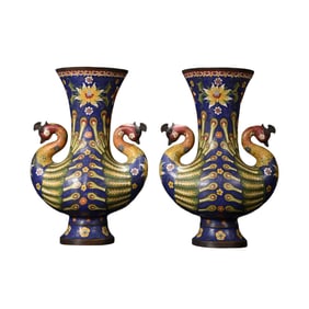 A Pair Vintage Chinese Copper Cloisonne Peacock Vases