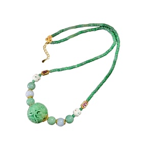 Exquisite Jadeite Lucky Pendant w Hand Carved Jadeite Beads Necklace