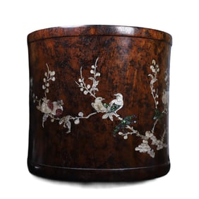 Vintage Chinese Huali Wood Inlay Shell Plum Flower & Magpie Brush Pot