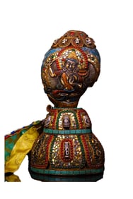 Tibetan Gold Wires Inlay Turquoise & DZI Agate & Shell & Gems Conch Statue w Base