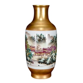 Chinese Qing Dynasty Gilt Gold Famille Rose Live In Remote Mountains Design Porcelain Vase