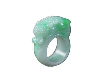 Exquisite Jadeite Carved Fortune Pixiu Ring