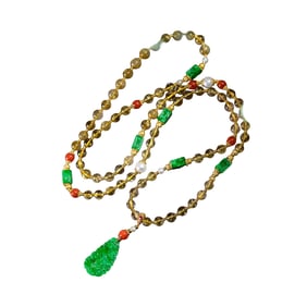 Exquisite Green Jadeite Carved Ruyi Pendant w Hand Carved Yellow Crystal & Jadeite Beads Necklace
