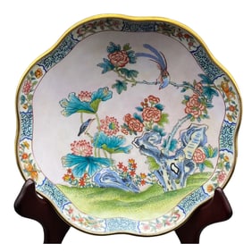 Vintage Chinese Copper Enamel Flowers Bird Design Plate