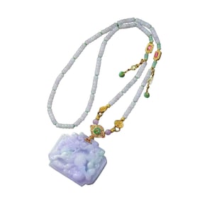 Exquisite Purple Jadeite Carved Fortune Kylin Pendant w Hand Carved Jadeite Beads Necklace