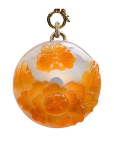 Chinese Agate Carved Butterfly & Flower Pendant