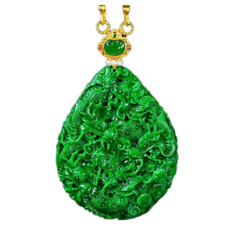Exquisite Green Jadeite Carved Fortune Dragon Pendant w Hand Woven Chenxiang Wood Beads Necklace
