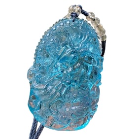 Beautiful Natural Aquamarine Carved Fortune Dragon Pendant w Hand Woven Necklace