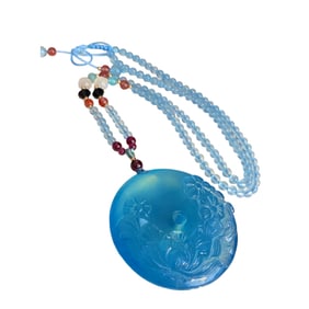 Beautiful Natural Aquamarine Carved Peony Pendant w Hand Woven Beads Necklace